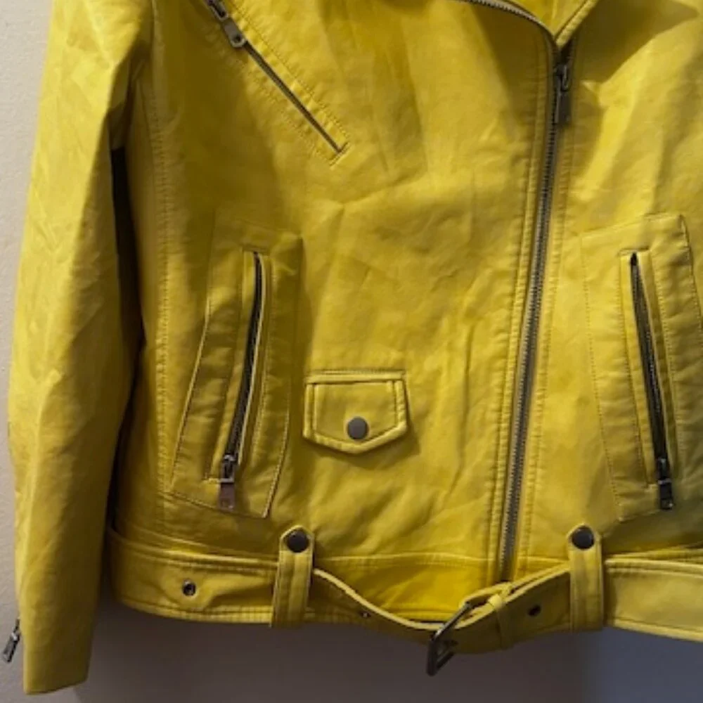 Avec Les Filles Bright Yellow Relaxed Lined Vegan Leather Boho Moto Zip Jacket - Picture 10 of 16